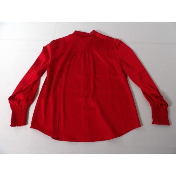 Chicos 0 Sz 4 Satin Blouse Red Solid Smocked Cuff Blouse Wild Poppy Button Up - Picture 14 of 14